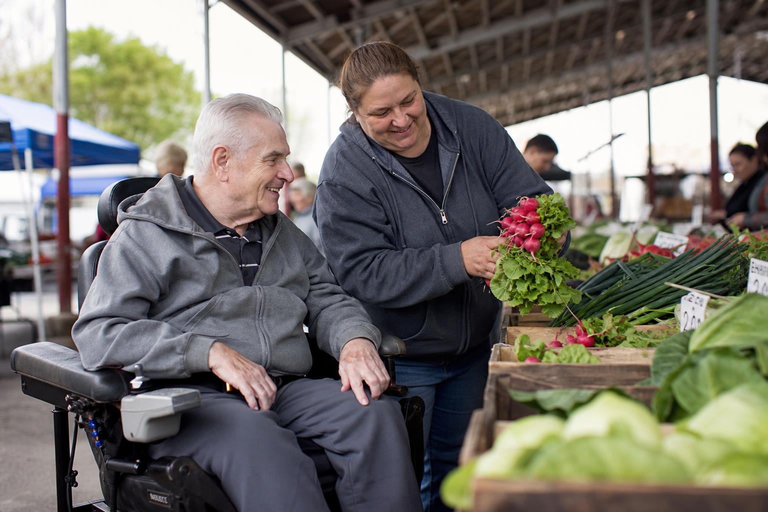 Autistic young adult shopping with his DSP support worker