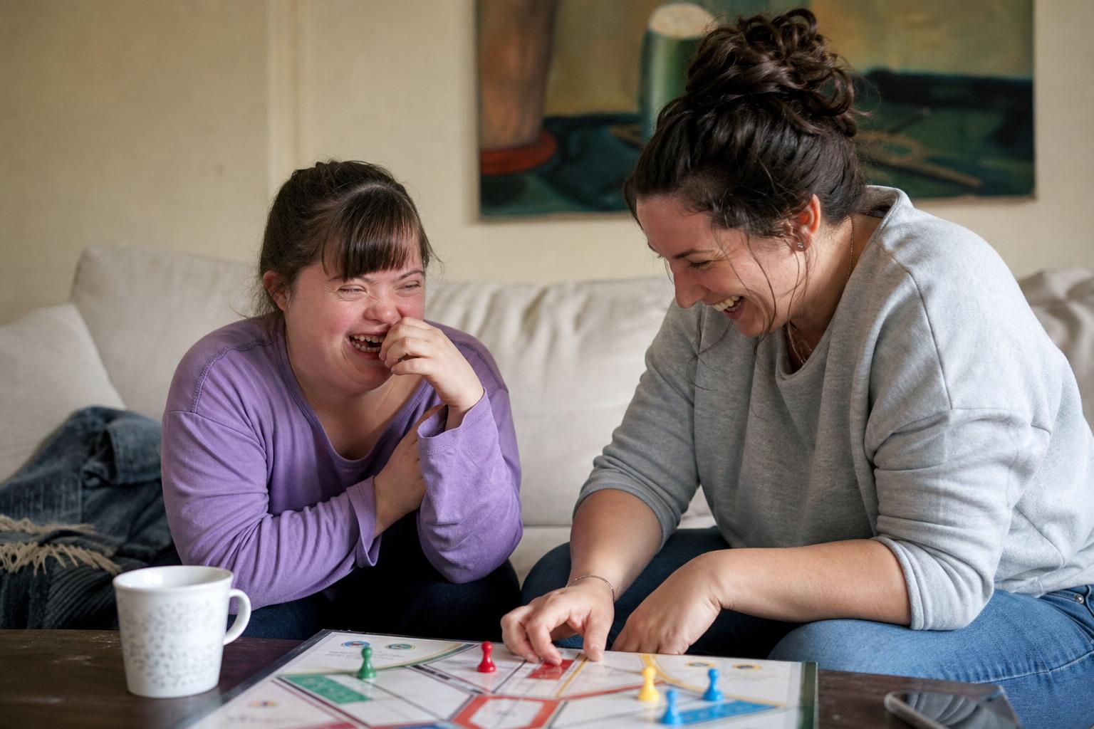 Teen with Down syndrome dancing in the living room with her caregiver