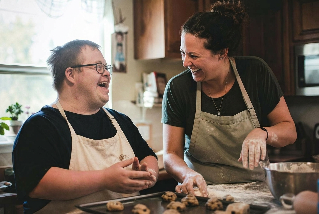 A Direct Support Professional laughing with the person she supports in warm natural light